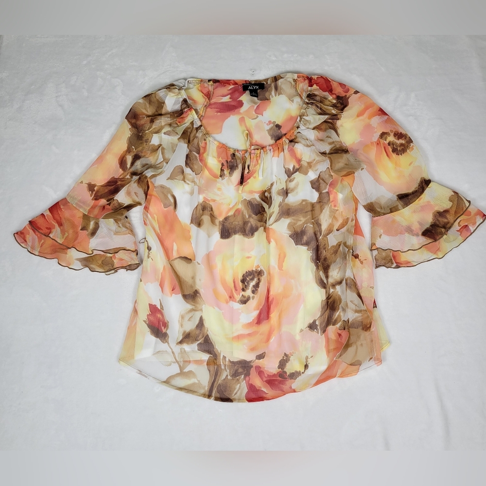 Alyx Womens Sheer Watercolor Floral Blouse EUC Large Layer Sleeve Resort Wear